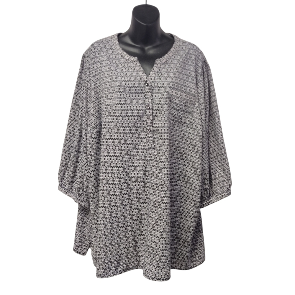 Christopher & Banks CJ Banks 3X Black White Patterned Tunic Top 3/4 Sleeve